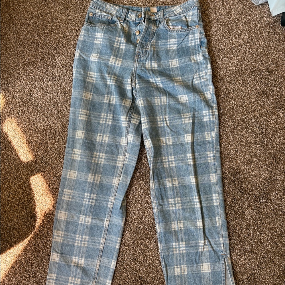 H&M Blue Plaid Straight Leg Jeans